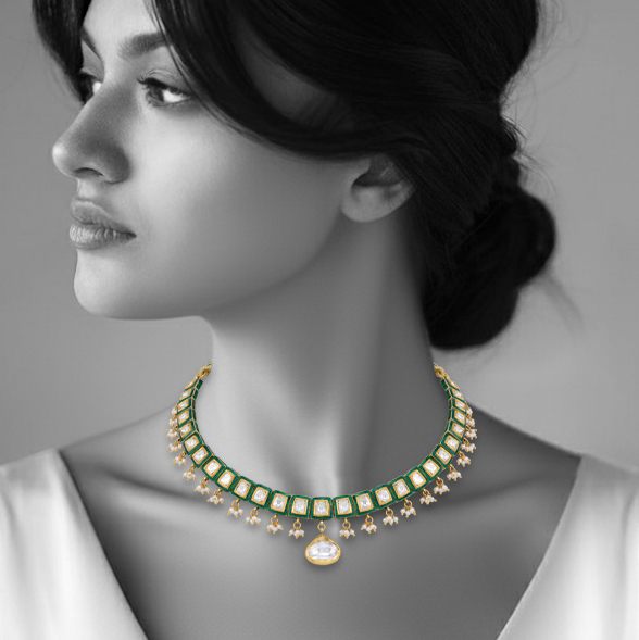 Green Meenakari Necklace with Polkis and Pearl Cheed Drops
